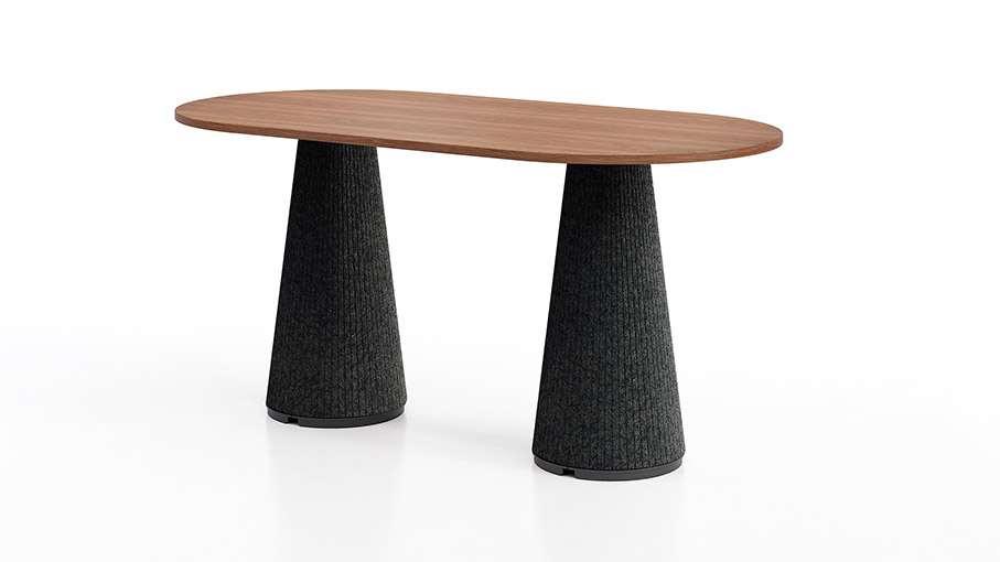 Ember table with wood laminate top and black felt dual base