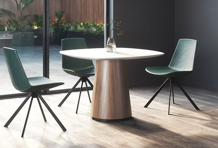 Ember table in wood base and white laminate top with blue chairs