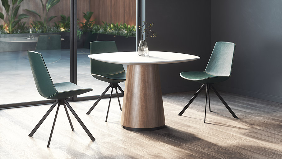 Café table with wood laminate base and white top with three green chairs