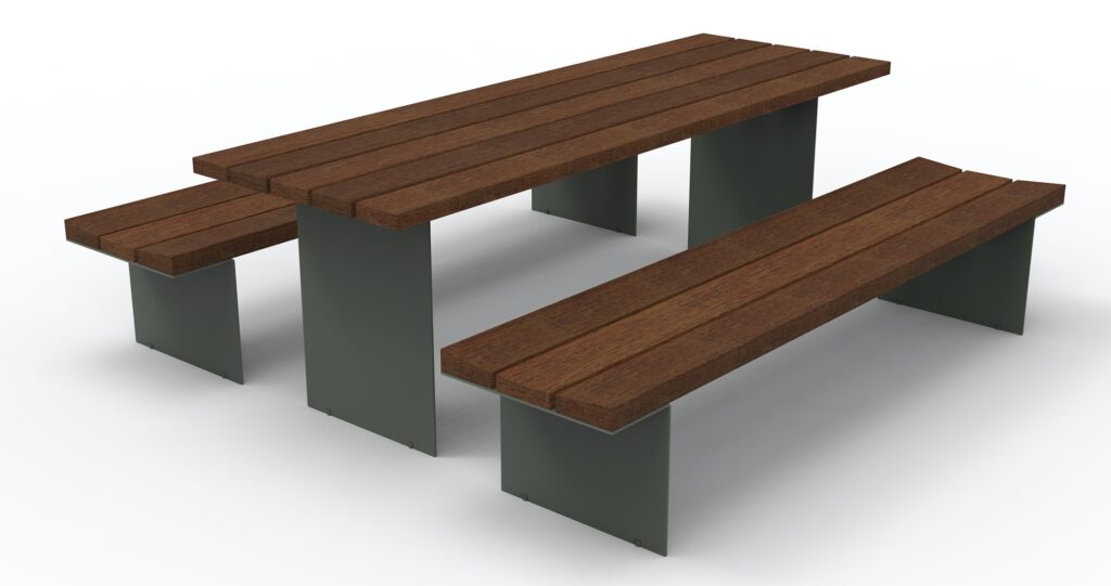 Bancal table and benches in dark stain