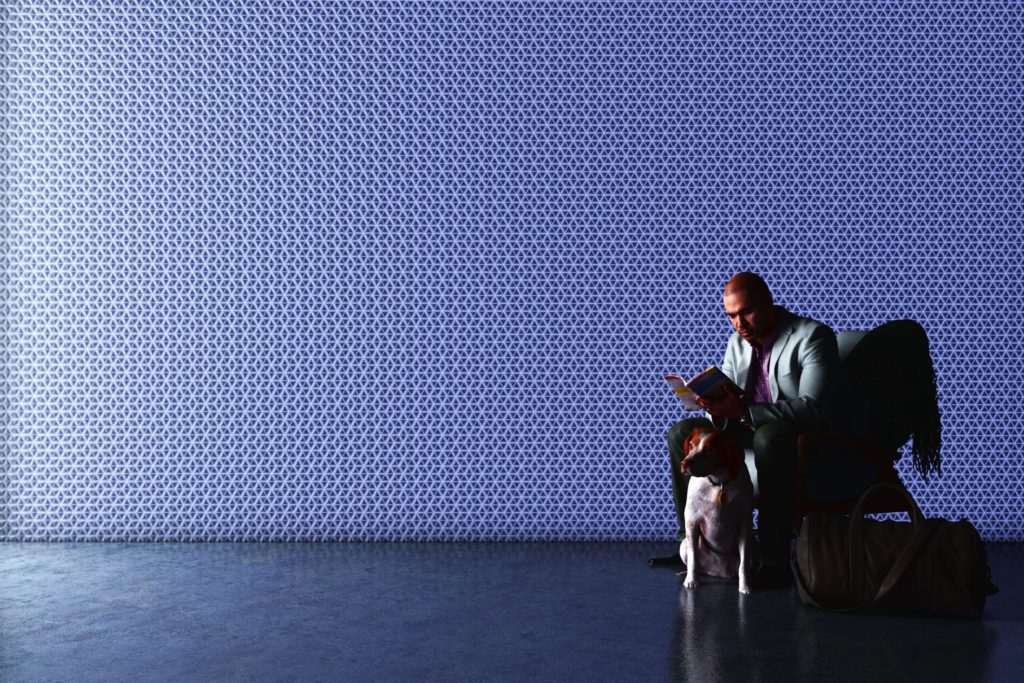 solid surface on wall in honeycomb pattern and purple/blue light with man reading and dog
