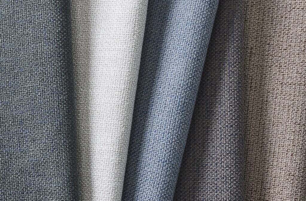 Detail of Kismet fabric with linen-like aspect, swatches in five colors
