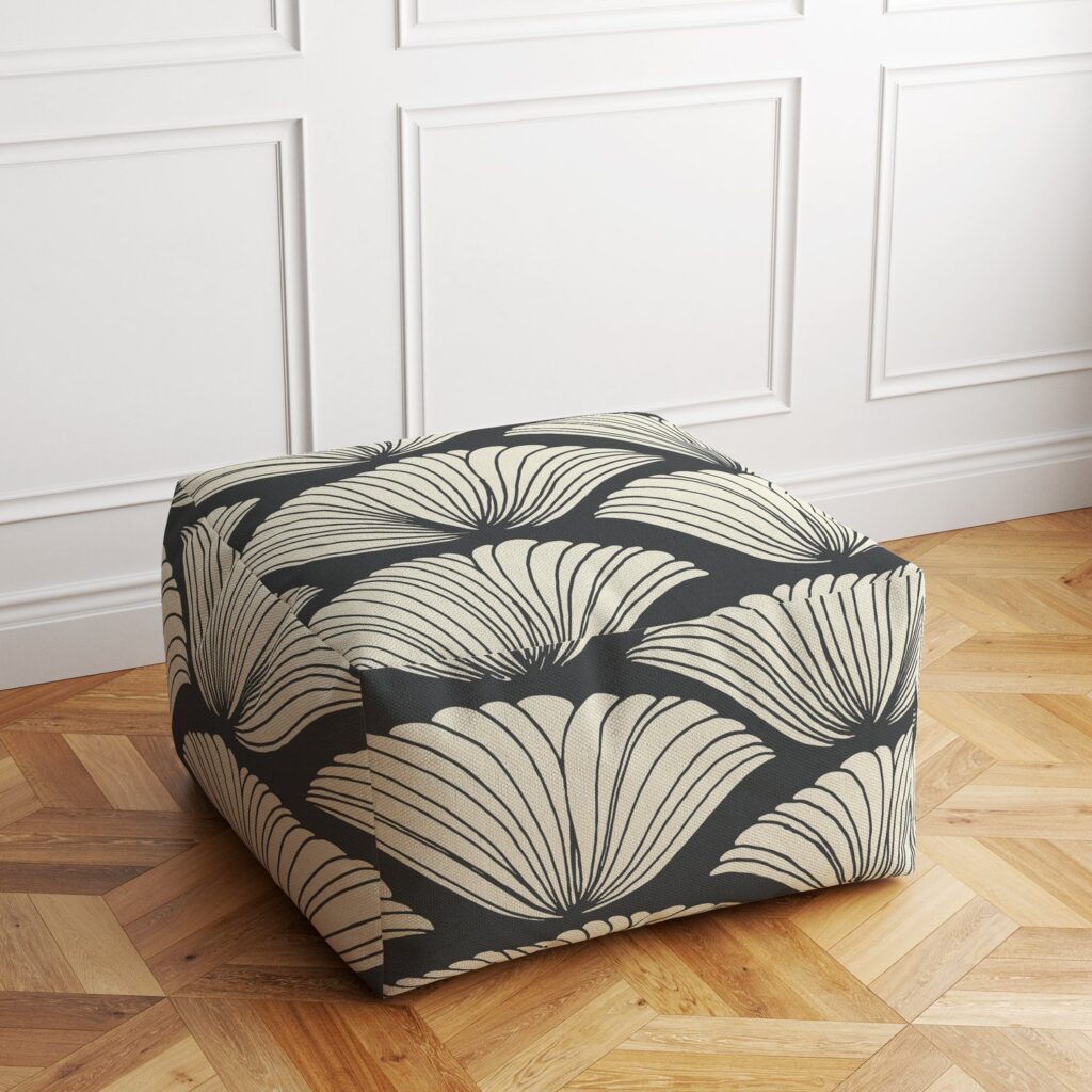 Love You More fabric in slate blue/white on ottoman, looks like a big flower bloom