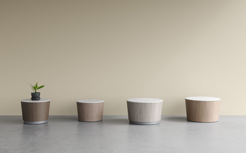 Pavilion tables in different colors and sizes, with and without plinth bases