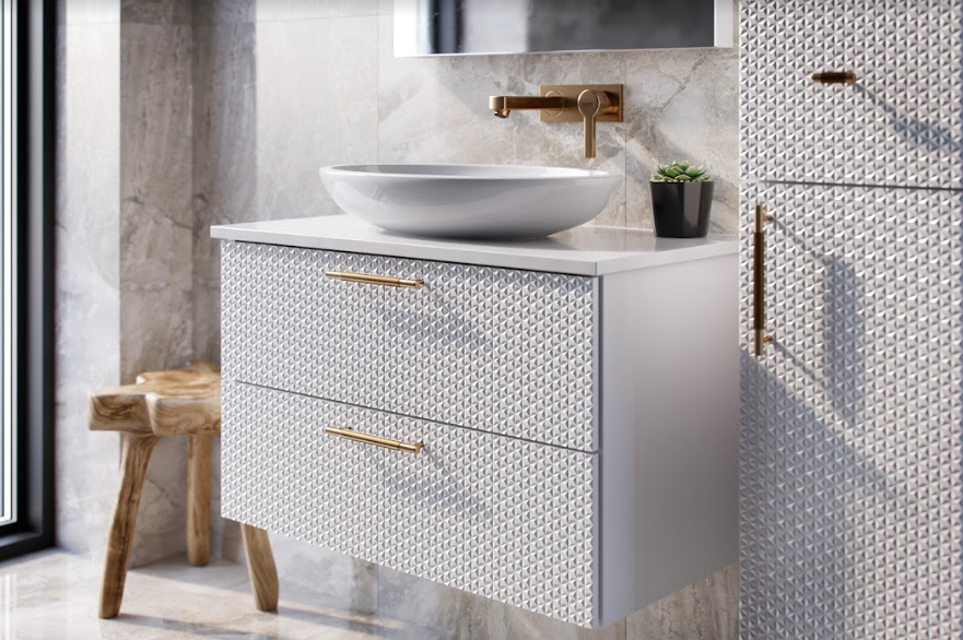 Durasein Patternine material on bathroom furniture with a shiny, diamond-like appearance