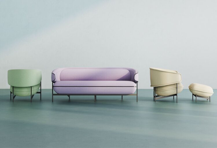 Flote lounge chairs in off-white and mint green, sofa in pink, and ottoman in white