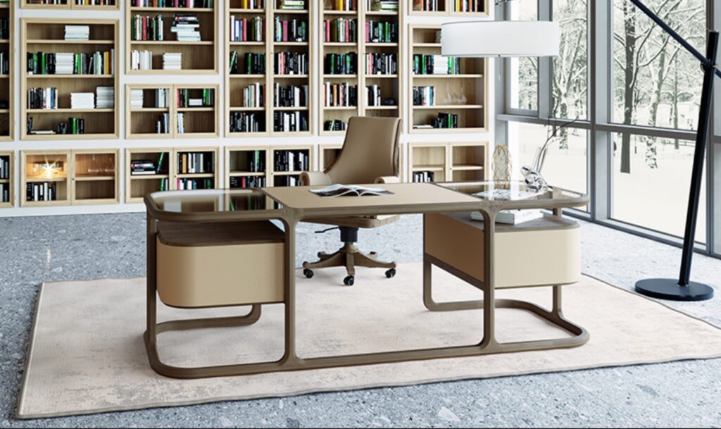 Isabel desk in nice office with bookcase and snowy landscape outside