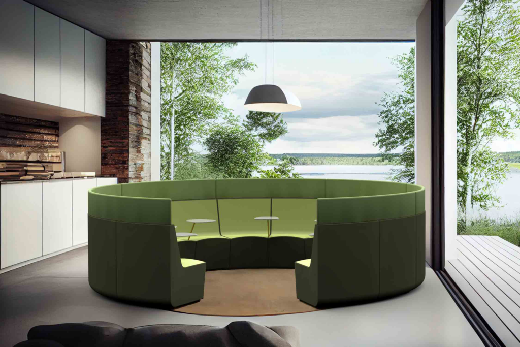 Bota modular lounge in green in front of window and open wall with lake view