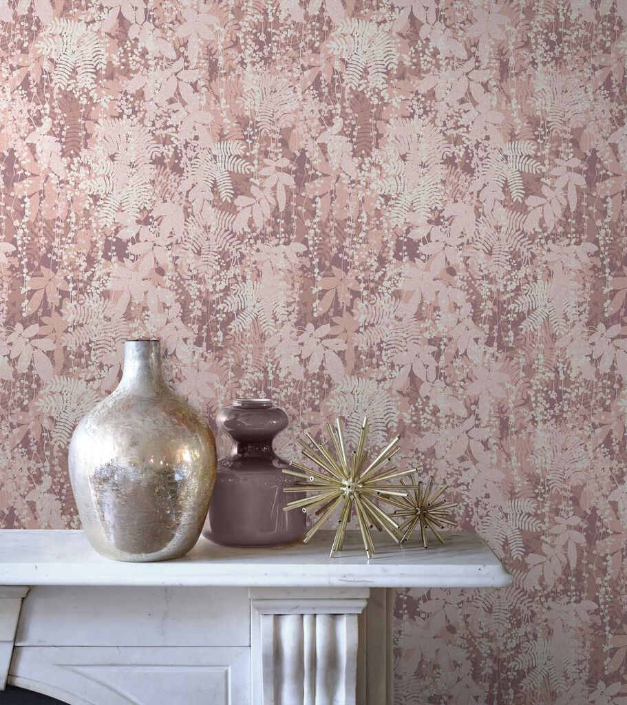 Antique Rose from the Clarissa Hulse collection. Pink/white/dark pink on wall behind decorative vases and tchotchkes