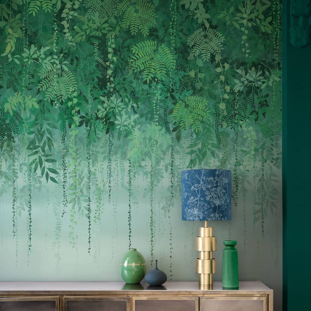 Clarissa Hulse Collection drooping fern-like plants in shades of green with ornate lamp with botanical shade