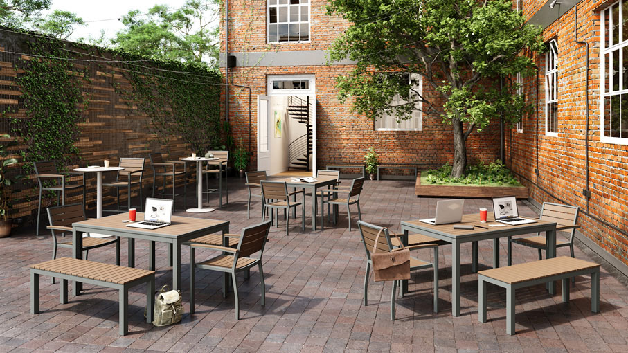 Eveleen outdoor furniture tables and chairs, and benches on brick patio