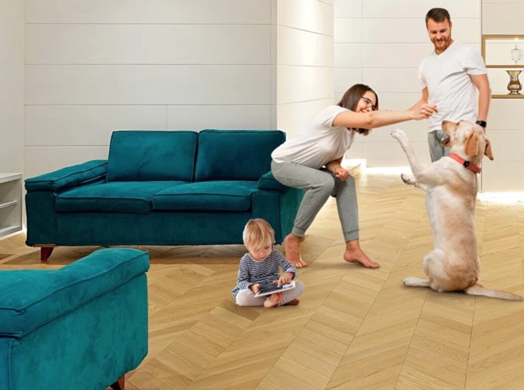 Family on parquet-style Clip-Up floor with toddler, dog, and parents