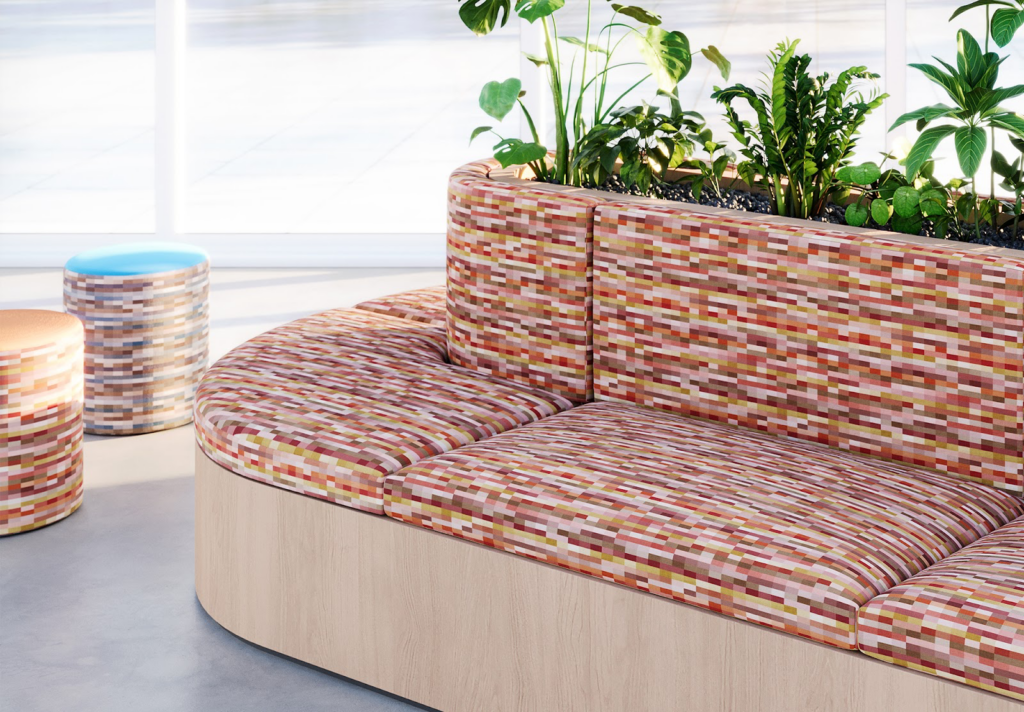 Silicon Skyline pattern with thin rectangles in different colors with a blurred effect on outdoor bench seating