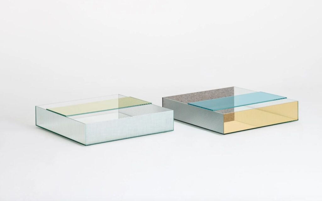 Two Spectrum coffee tables in blue/yellow and butter/transparent