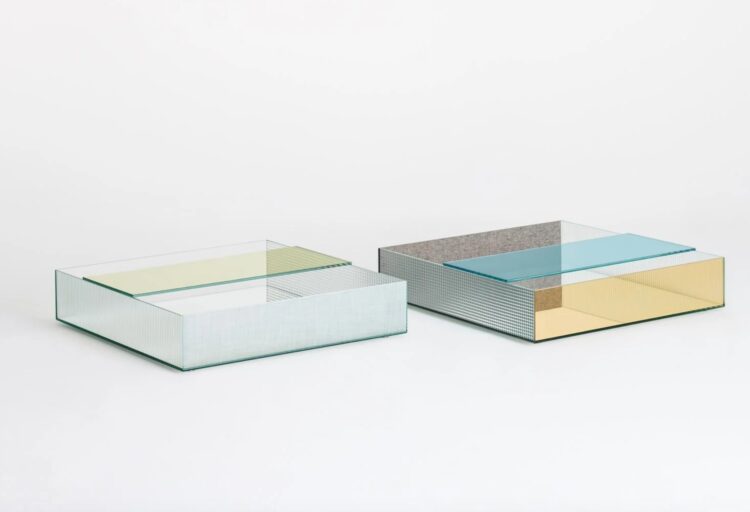 Spectrum low glass coffee tables. One in white/transparent and one in blue and yellow