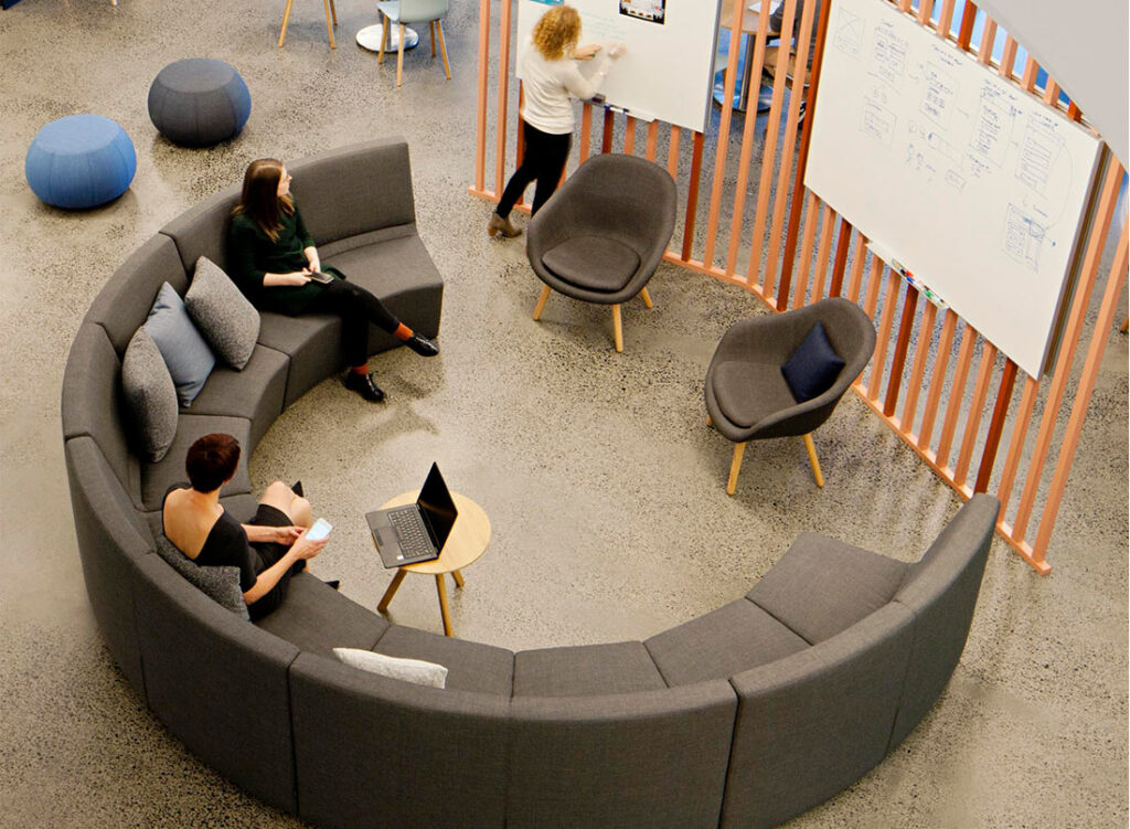 View from above of modular lounge system with gray upholstery
