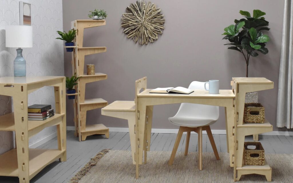 Launch Pad fiVO modular system wood furniture wiht interlocking wood tabs: desk, bookcase, plant stand