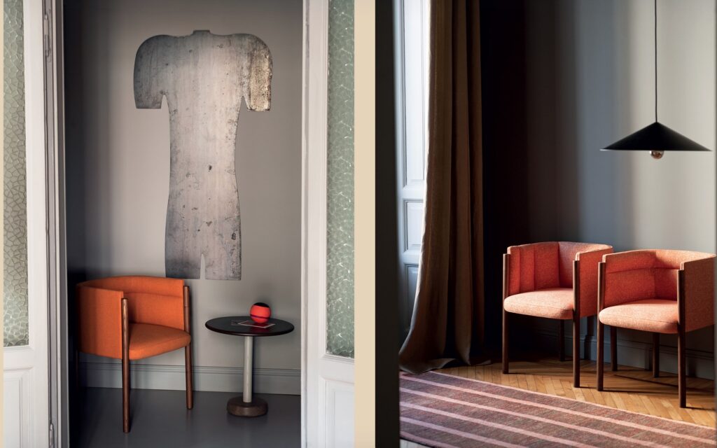 Baia with orange upholstery in different rooms of elegant space