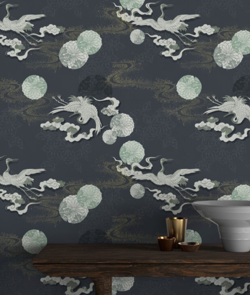 Japonisme  collection whitish cranes and floral forms on slate gray backdrop