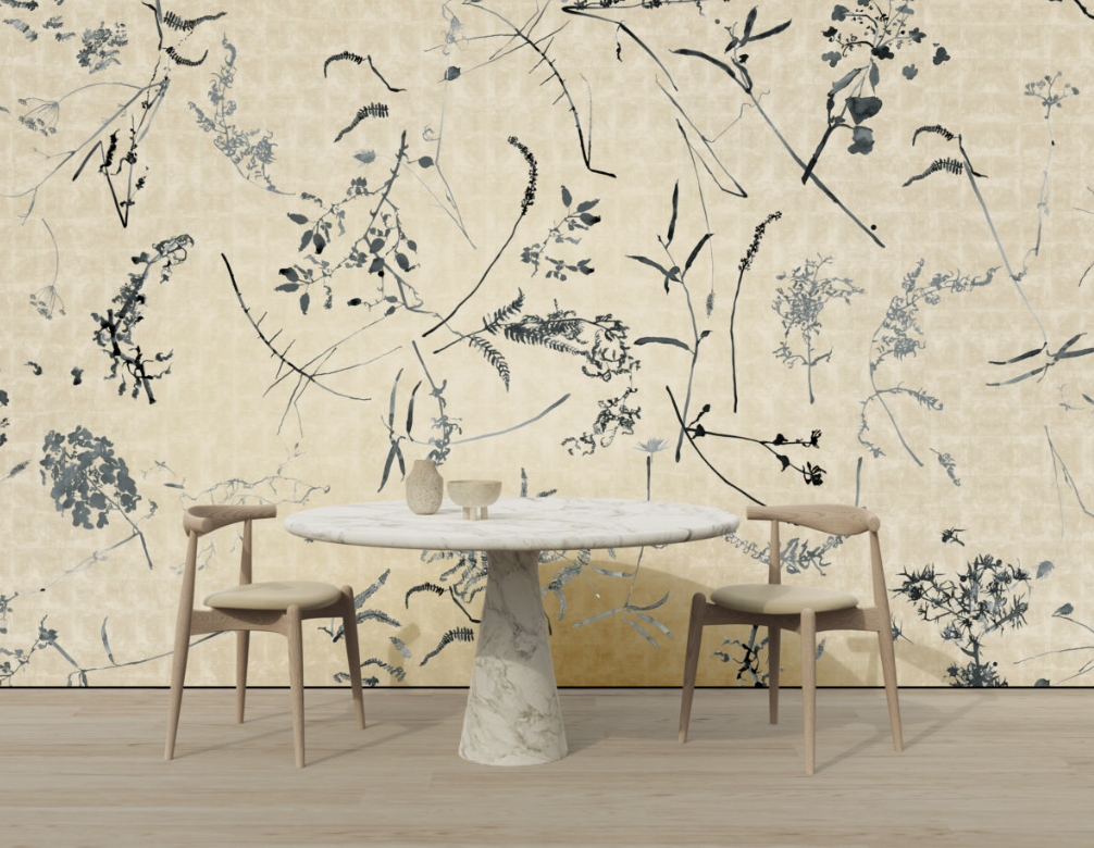 Calico wallpaper Eden design with thin plants and branches behind café table and chairs