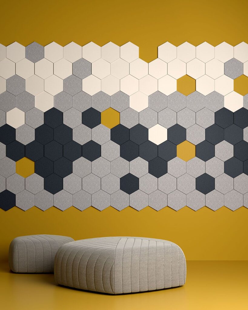 Pindrop collection hexagonal tiles on yellow wall in white, gray, blue