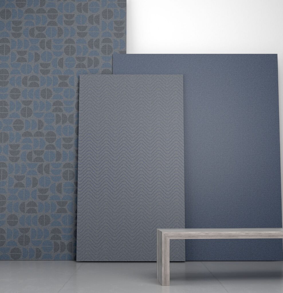 Architectural panel samples in gray/slate blue colorway with wave and half moon shapes