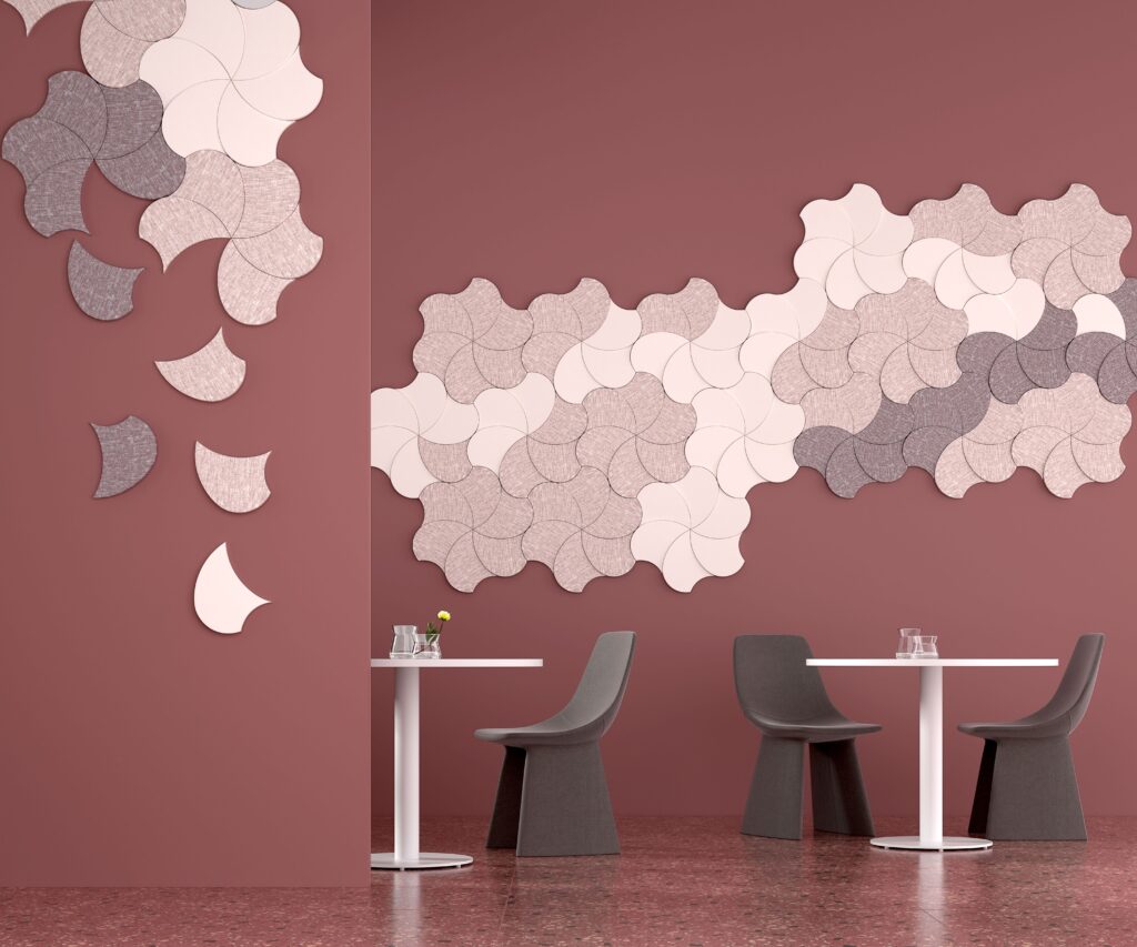 Pindrop petal panels in white/pink on mauve wall in cafe