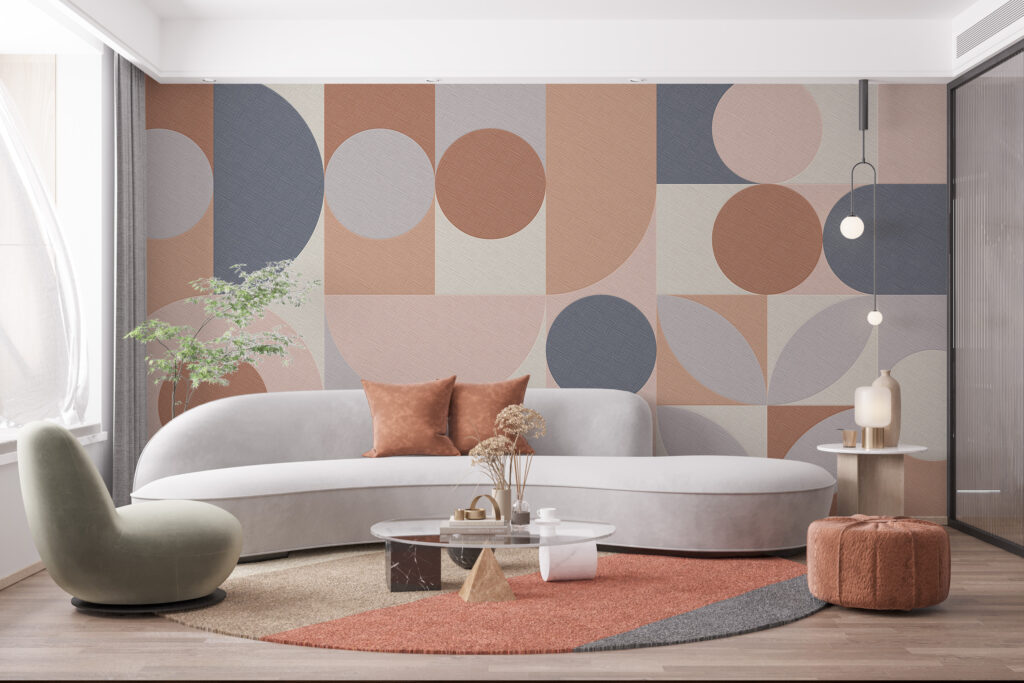 Geometric wallcovering design with circles and half circles in pastel palette in living room