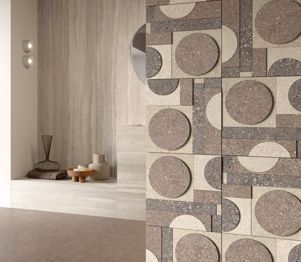 Detail of pisé small format tiles with mesh insert in geometric design