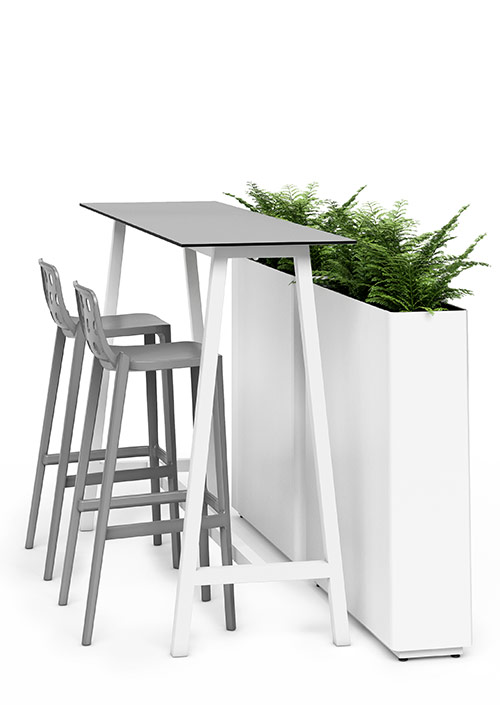 Kaskad tall planter in white with tall table and chrome chairs
