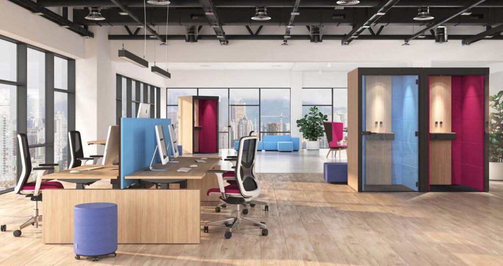 Two colorful side-by-side pods in open workspace
