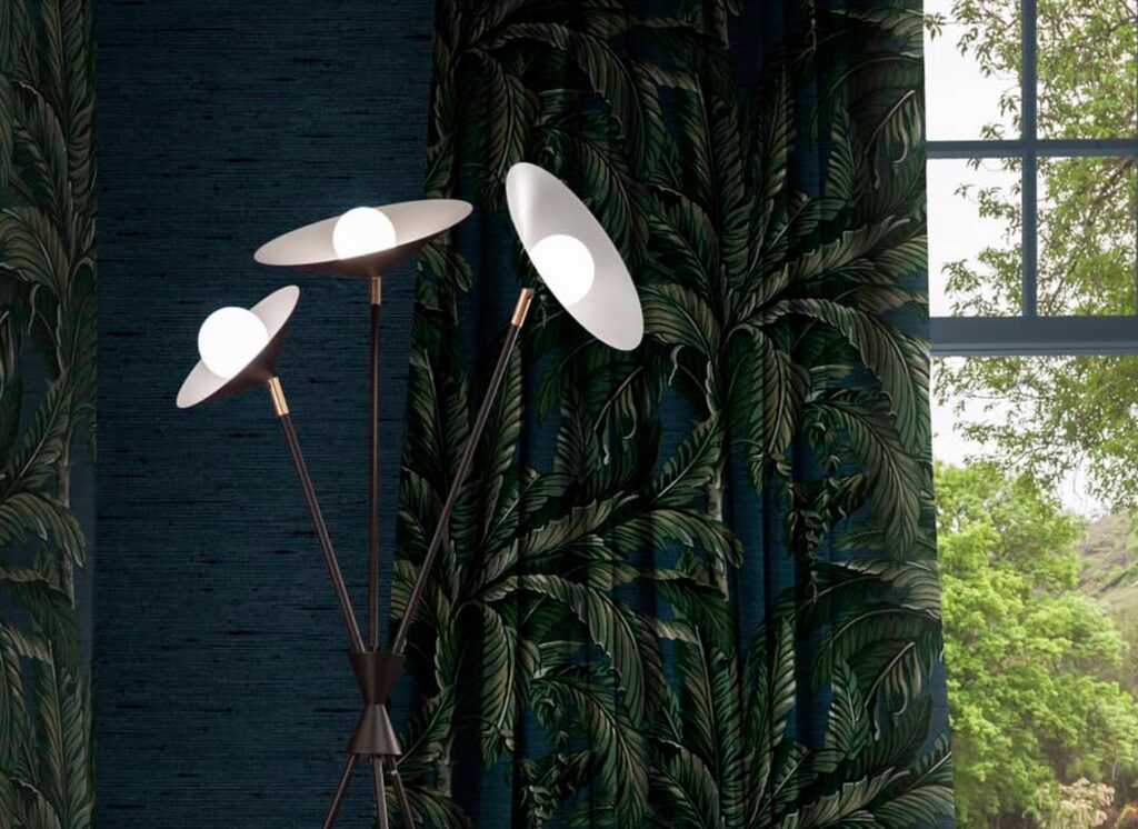 Daintree Palm fabric dark green with palm leaves and partial view outdoors through open window