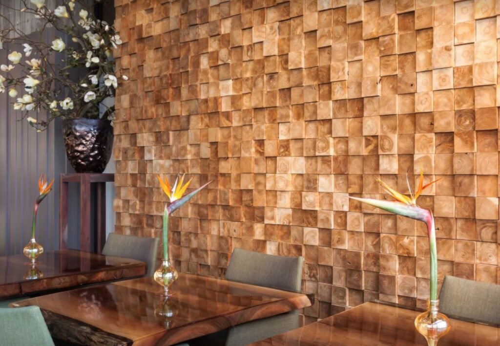 Wonderwall mixed salvage wall with rough finish pine in trendy restaurant