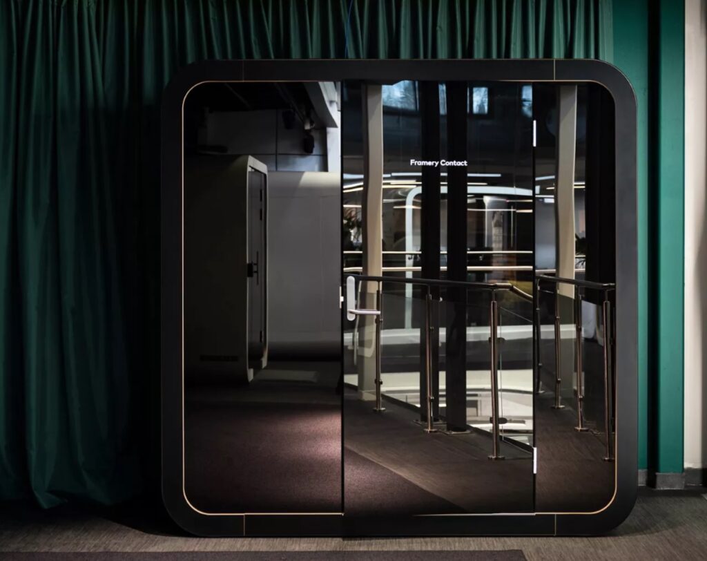 Framery Contact virtual meeting booth with mirrored doors