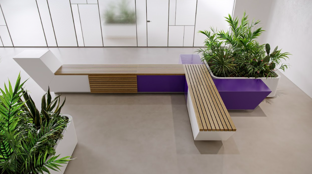 Public bench made of Durasein in wood and purple solid surface