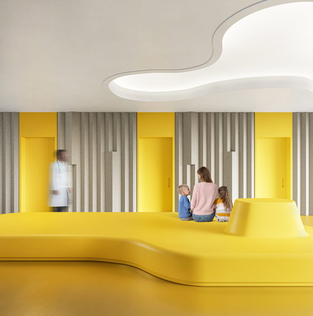 Seating system in public with children, mother, and doctor. Yellow. 