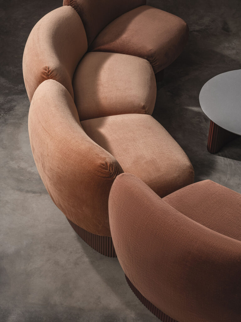 Lounge chair in salmon, several, view from above