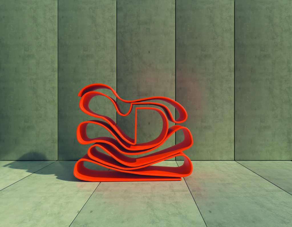 Wiggly solid surface sculpture in red/orange