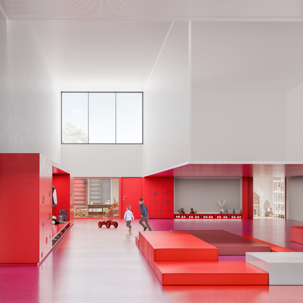 Children's play area with steps and walls in Brilliant Red
