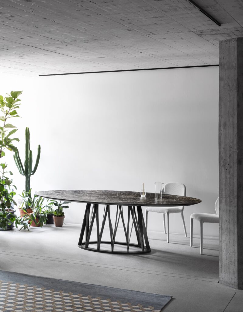 Oval shaped table with ceramic top and black wooden base with plants in background