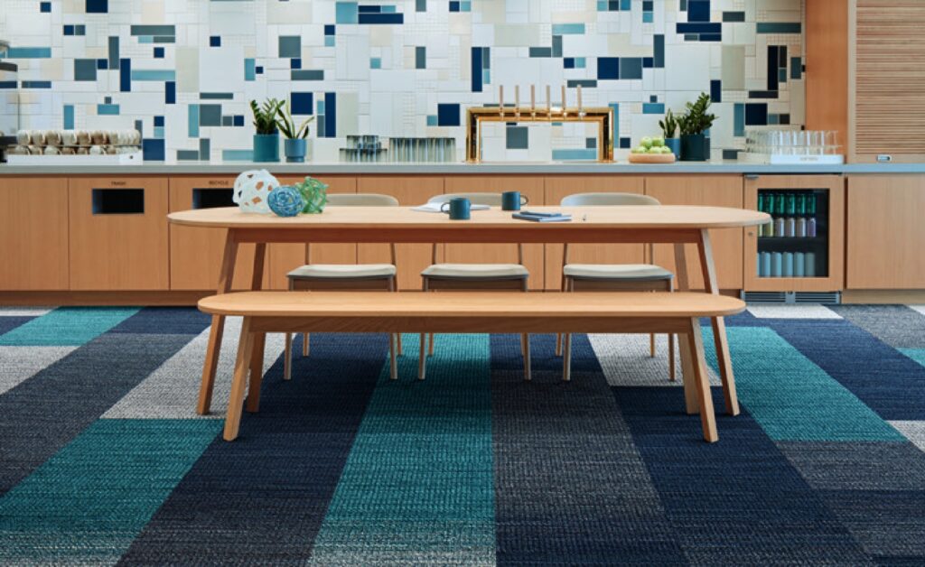 Modular carpet in rectangular strips of different colors: whites, grays, blues