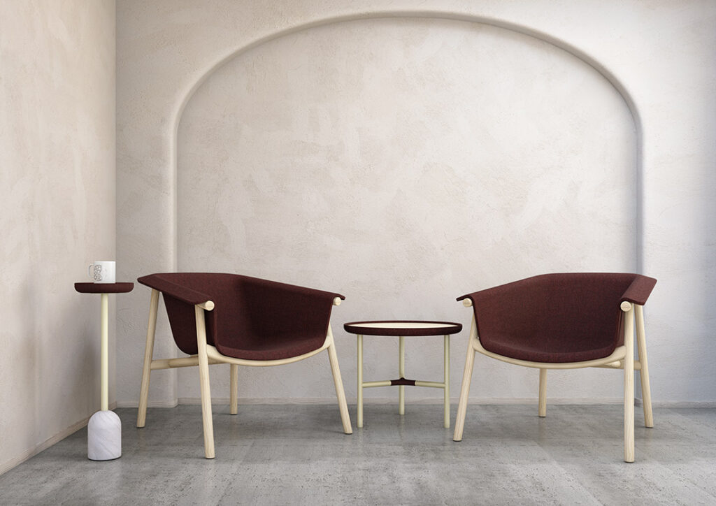Tables and lounge chairs with plaster wall background