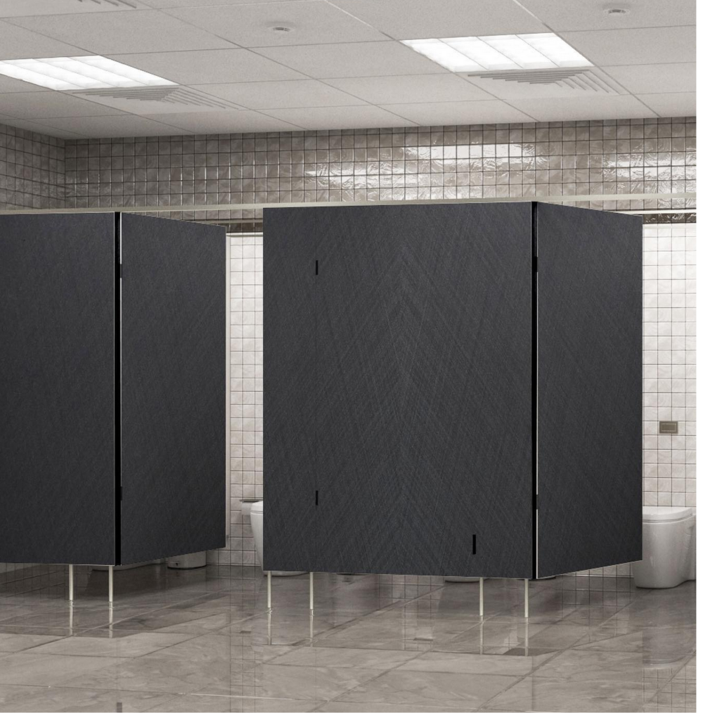 Washroom cubicles made of high-pressure laminate in charcoal