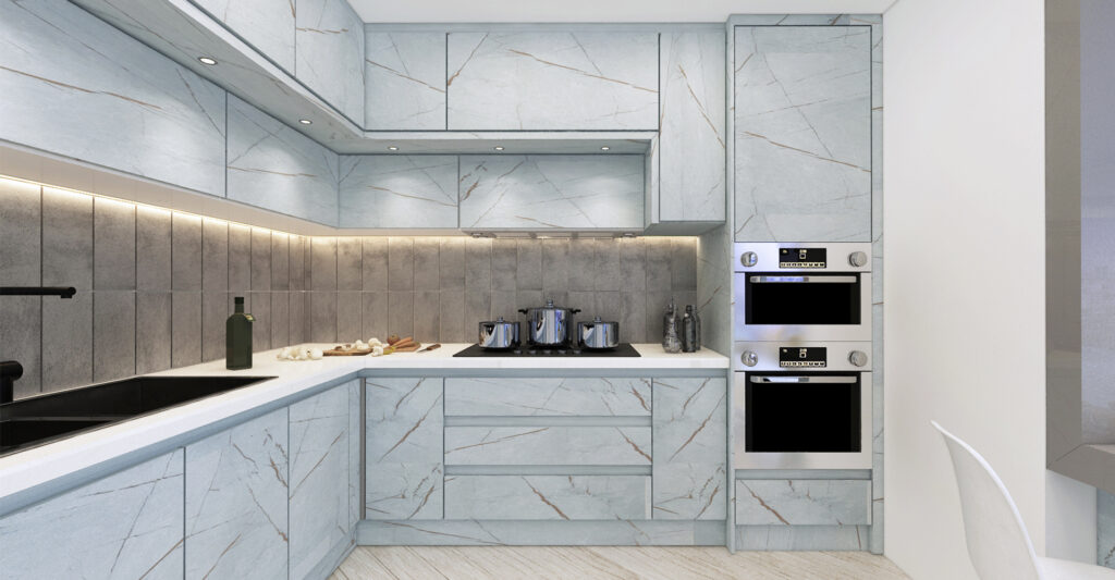 Kitchen with laminate cabinets that look like marble
