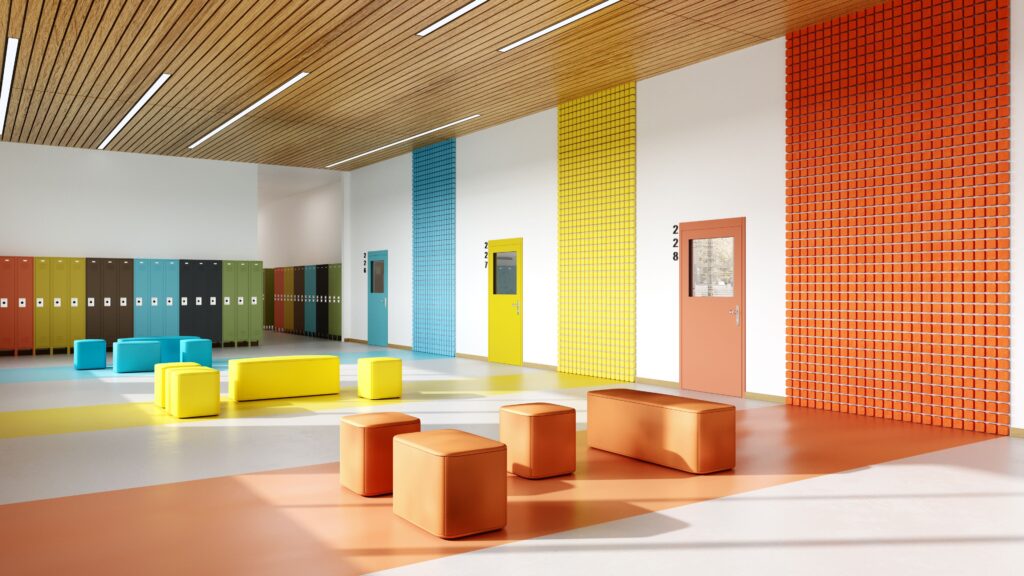 Pixl acoustical panels in orange, yellow, and blue to match color scheme of lockers