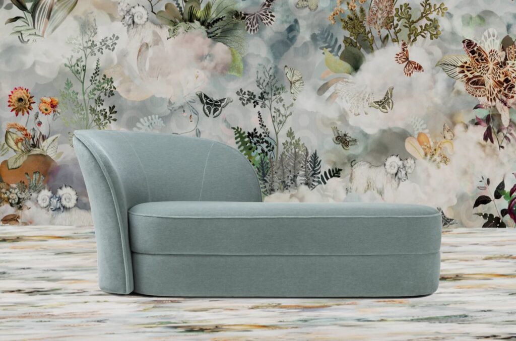 Moooi Aldora chaise in blue/green with fanciful wallpaper background