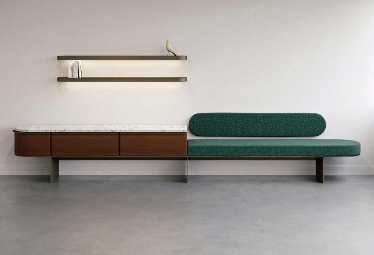 Autodromo green bench and wood credenza side by side