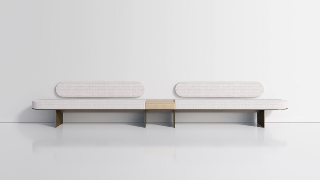 Autodromo bench in white with natural wood table between