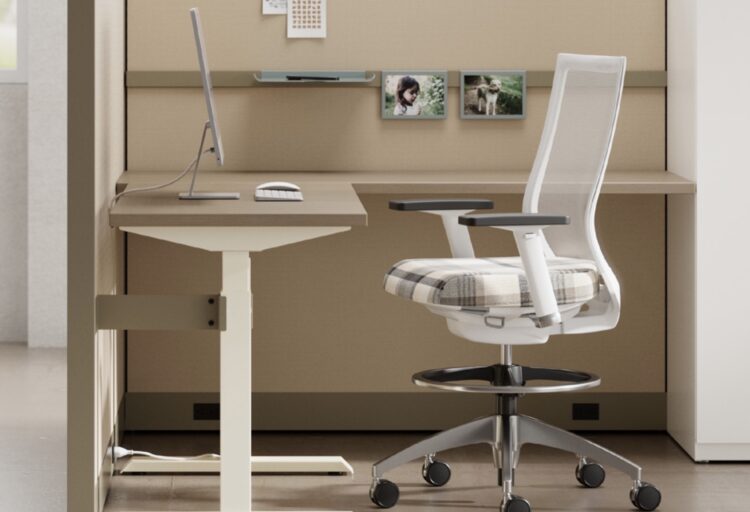 single workstation with chair and adjustable-height desk