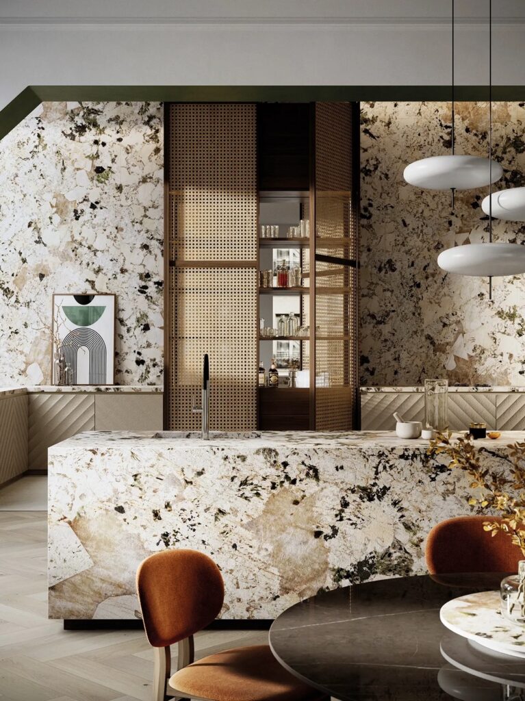 Sintered stone in white/cream/black color palette on walls and kitchen island